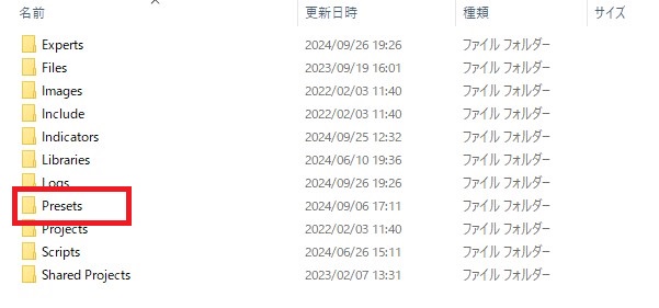 Presetsフォルダ